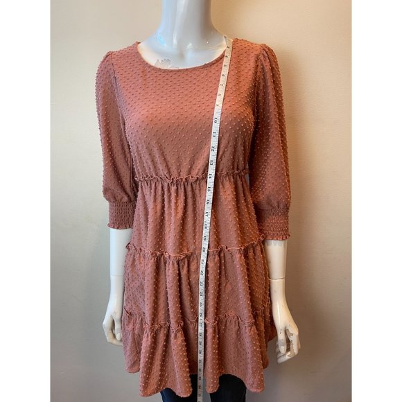 Speechless Women Swiss Dot Tiered Dress 3/4 Sleeve Back Keyhole Rust Size Small - Picture 4 of 8